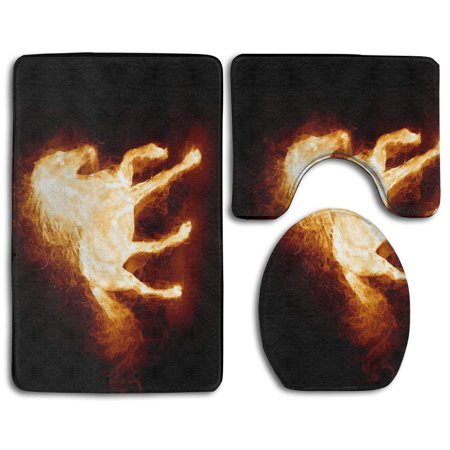 GOHAO Horse Fire 3 Piece Bathroom Rugs Set Bath Rug Contour Mat and Toilet Lid Cover