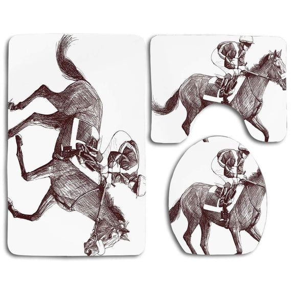 GOHAO Horse Sketchy Racing Horse and Jockey Equestrian Sports Theme Art 3 Piece Bathroom Rugs Set Bath Rug Contour Mat and Toilet Lid Cover