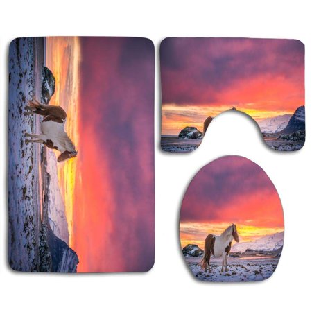 GOHAO Horse in Snow Winter 3 Piece Bathroom Rugs Set Bath Rug Contour Mat and Toilet Lid Cover