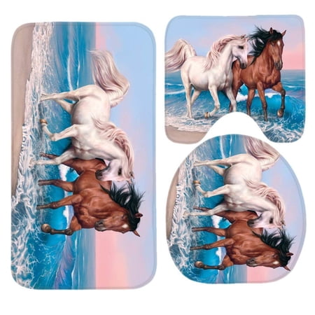 GOHAO Horses Art Beach Sea 3 Piece Bathroom Rugs Set Bath Rug Contour Mat and Toilet Lid Cover
