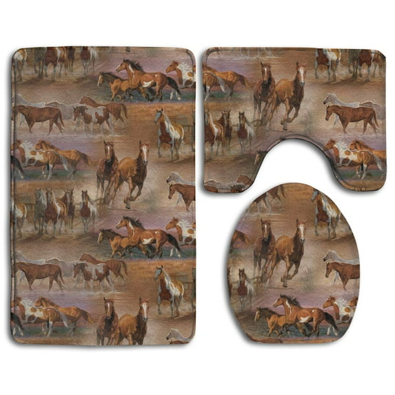 GOHAO Horses in Field 3 Piece Bathroom Rugs Set Bath Rug Contour Mat and Toilet Lid Cover