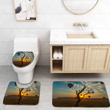 GOHAO Hot Air Balloon Sunrise 3 Piece Bathroom Rugs Set Bath Rug Contour Mat and Toilet Lid Cover