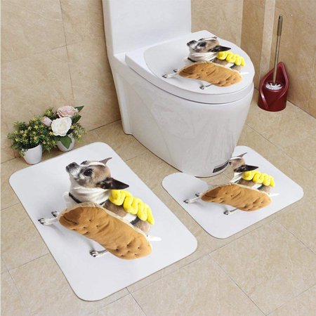 GOHAO Hot Diggity Dog Halloween 3 Piece Bathroom Rugs Set Bath Rug Contour Mat and Toilet Lid Cover