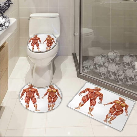 GOHAO Human Anatomy Bodies Inner Mass Muscle Graphic 3 Piece Bathroom Rugs Set Bath Rug Contour Mat and Toilet Lid Cover