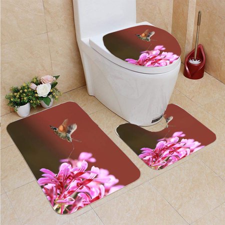 GOHAO Hummingbird Hawk Moth Macroglossum stellatarum Feeding Flowers 3 Piece Bathroom Rugs Set Bath Rug Contour Mat and Toilet Lid Cover