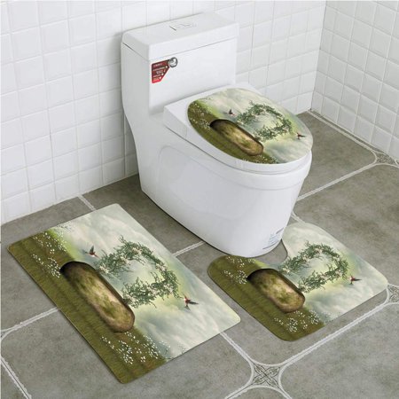 GOHAO Hummingbirds Fairytale Scene Flowers Stone and Hummingbird 3 Piece Bathroom Rugs Set Bath Rug Contour Mat and Toilet Lid Cover