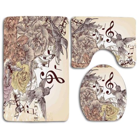 GOHAO Hummingbirds Fashion Flourishes and Birds Butterfly Rose Blossoms Leaves Nostalgia Classic 3 Piece Bathroom Rugs Set Bath Rug Contour Mat and Toilet Lid Cover