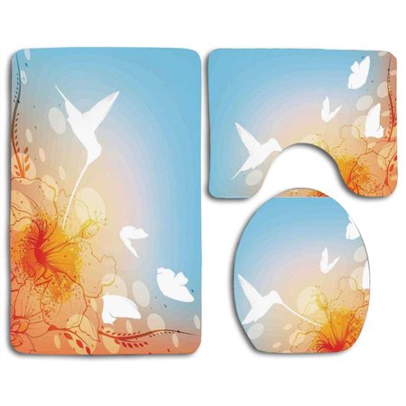 GOHAO Hummingbirds Hummingbird Butterflies Silhouettes Flowers Fun Summertime Garden 3 Piece Bathroom Rugs Set Bath Rug Contour Mat and Toilet Lid Cover