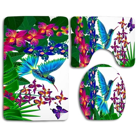 GOHAO Hummy Orchids Butterfly 3 Piece Bathroom Rugs Set Bath Rug Contour Mat and Toilet Lid Cover