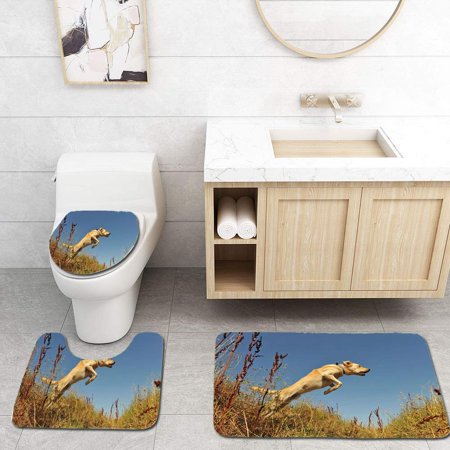 GOHAO Hunting Purebred Labrador Retriever Jumping in a Field Blue Sky Rural Outdoors Photo 3 Piece Bathroom Rugs Set Bath Rug Contour Mat and Toilet Lid Cover