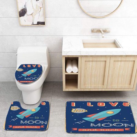 GOHAO I Love You Spaceship Galaxy Stars Cosmos Love Theme Retro Inspirational Letters 3 Piece Bathroom Rugs Set Bath Rug Contour Mat and Toilet Lid Cover