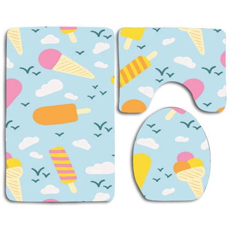 GOHAO Ice Cream 3 Piece Bathroom Rugs Set Bath Rug Contour Mat and Toilet Lid Cover