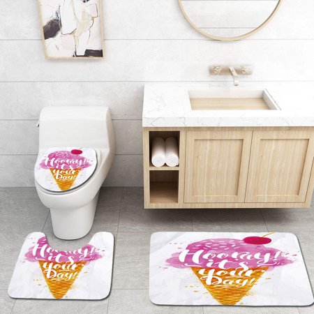 GOHAO Ice Cream Hooray! Its Your Day Phrase Ice Cream Cone Cherry Flavor 3 Piece Bathroom Rugs Set Bath Rug Contour Mat and Toilet Lid Cover