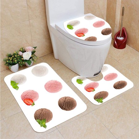 GOHAO Ice Cream Scoops Collection six Balls 3 Piece Bathroom Rugs Set Bath Rug Contour Mat and Toilet Lid Cover