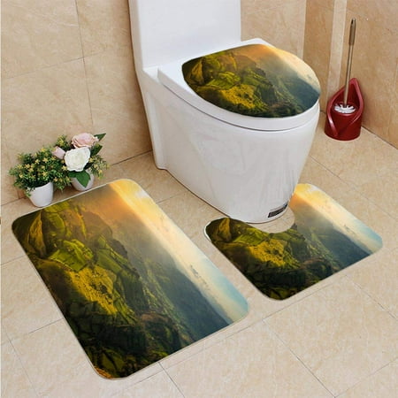 GOHAO Idyllic Hills Pasture Mountain ridges Illuminated by Sunset Panorama 3 Piece Bathroom Rugs Set Bath Rug Contour Mat and Toilet Lid Cover