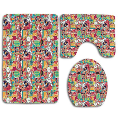 GOHAO Indie Colorful Hipster Elements Old Fashioned Culture Technology Urban Theme Funky 3 Piece Bathroom Rugs Set Bath Rug Contour Mat and Toilet Lid Cover
