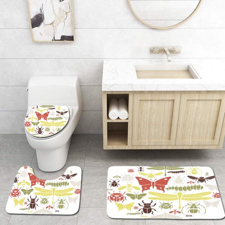 GOHAO Insect Icon Set 3 Piece Bathroom Rugs Set Bath Rug Contour Mat and Toilet Lid Cover