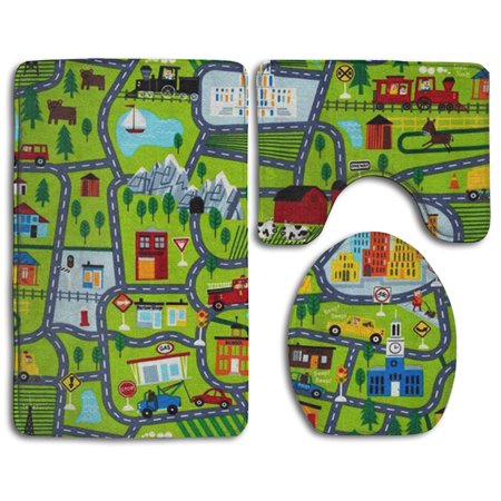 GOHAO Interesting Map 3 Piece Bathroom Rugs Set Bath Rug Contour Mat and Toilet Lid Cover