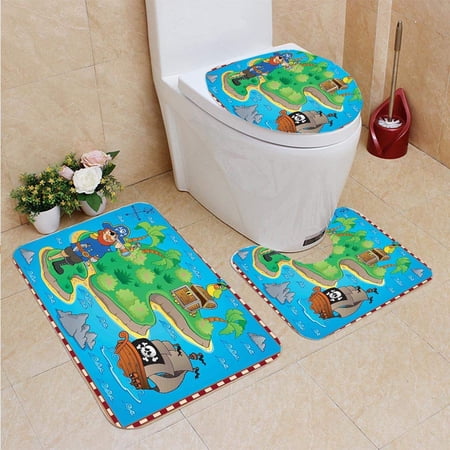 GOHAO Island Map Funny Cartoon Treasure Island A Pirate Ship Parrot Kids Play Room 3 Piece Bathroom Rugs Set Bath Rug Contour Mat and Toilet Lid Cover
