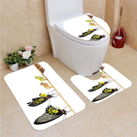 GOHAO Isoalted Life Cycle Common birdwing Butterfly 3 Piece Bathroom Rugs Set Bath Rug Contour Mat and Toilet Lid Cover