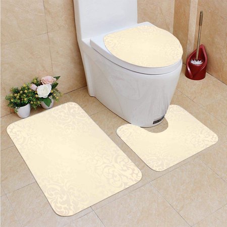 GOHAO Ivory Classic Victorian Style Monochrome Damask Swirl Floral Effects Artsy P 3 Piece Bathroom Rugs Set Bath Rug Contour Mat and Toilet Lid Cover