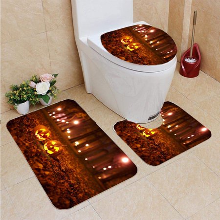 GOHAO Jack o Lantern 3 Piece Bathroom Rugs Set Bath Rug Contour Mat and Toilet Lid Cover