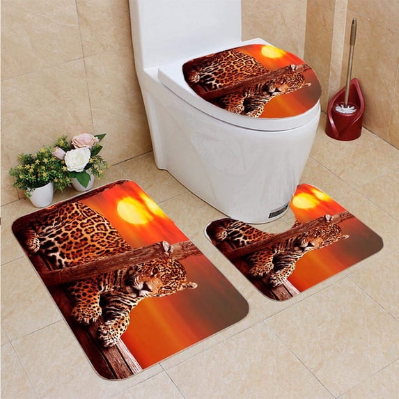 GOHAO Jaguar Sitting a Tree Sunset 3 Piece Bathroom Rugs Set Bath Rug Contour Mat and Toilet Lid Cover