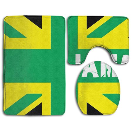 GOHAO Jamaica Flag 3 Piece Bathroom Rugs Set Bath Rug Contour Mat and Toilet Lid Cover