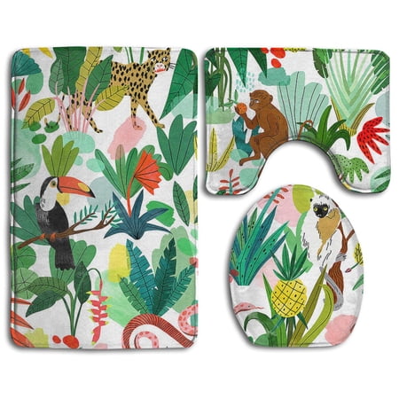 GOHAO Jungle Spring Summer 3 Piece Bathroom Rugs Set Bath Rug Contour Mat and Toilet Lid Cover
