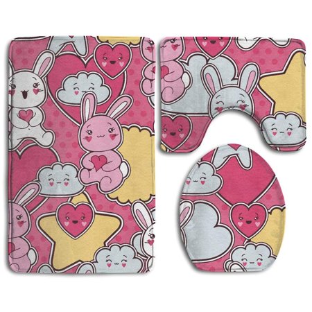 GOHAO Kawaii Rabbit 3 Piece Bathroom Rugs Set Bath Rug Contour Mat and Toilet Lid Cover