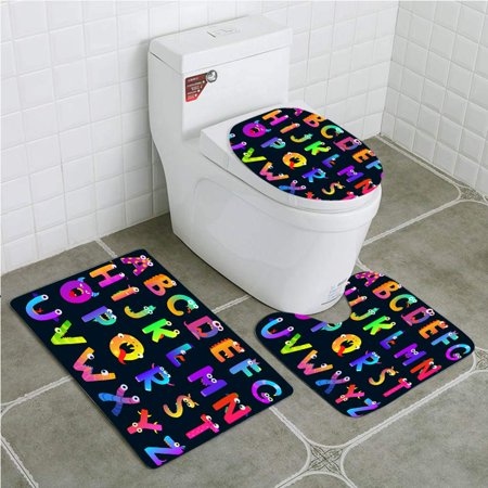 GOHAO Kids Alphabet Funny Monster Letters Cute Characters 3 Piece Bathroom Rugs Set Bath Rug Contour Mat and Toilet Lid Cover