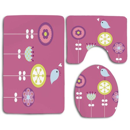 GOHAO Kids Bird Chirping Hearts Sitting on Flower Tulip Daisy Dandelion Inspirational Baby 3 Piece Bathroom Rugs Set Bath Rug Contour Mat and Toilet Lid Cover