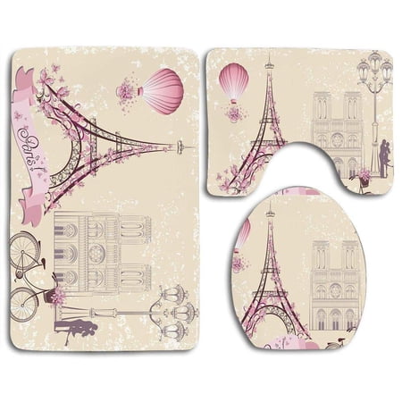 GOHAO Kiss Floral Paris Symbols Landmarks Eiffel Tower Hot Air Balloon Bicycle Romantic Couple Ivory 3 Piece Bathroom Rugs Set Bath Rug Contour Mat and Toilet Lid Cover
