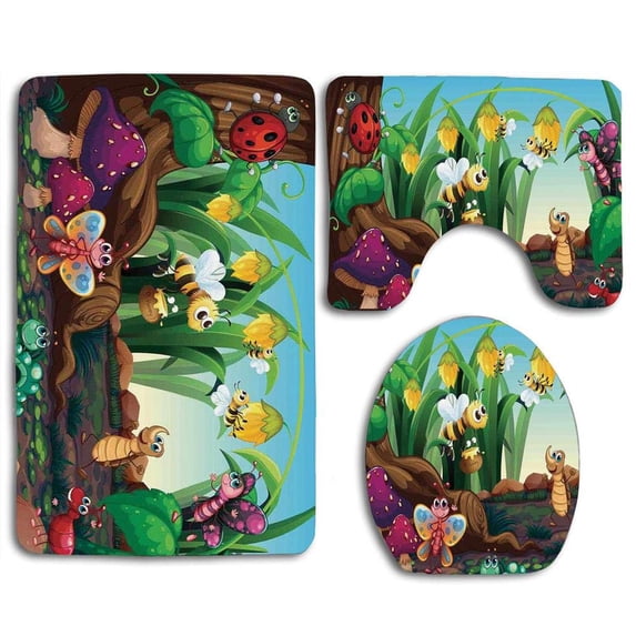 GOHAO Ladybug Butterfly Bee in Exotic Garden Botany Cute Kids Nursery Themed Cartoon Art 3 Piece Bathroom Rugs Set Bath Rug Contour Mat and Toilet Lid Cover