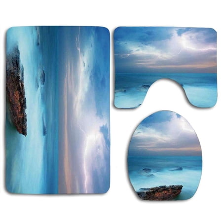 GOHAO Lake House Tropic Sea Rocks and Storm Flash in Air Tranquil But Dangerous Epic Scenery turquoise 3 Piece Bathroom Rugs Set Bath Rug Contour Mat and Toilet Lid Cover