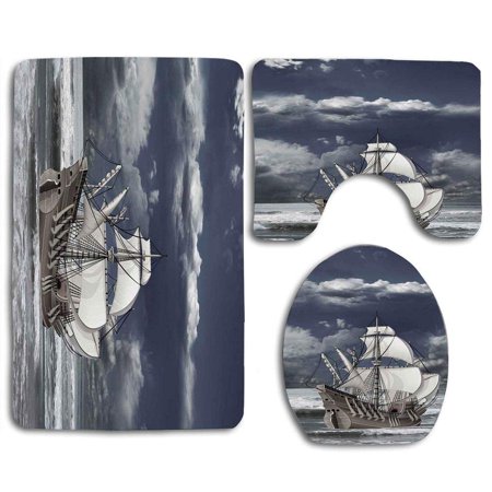 GOHAO Landscape Cloudy Sky Caribbean Pirates Ship Oil Like Art 3 Piece Bathroom Rugs Set Bath Rug Contour Mat and Toilet Lid Cover