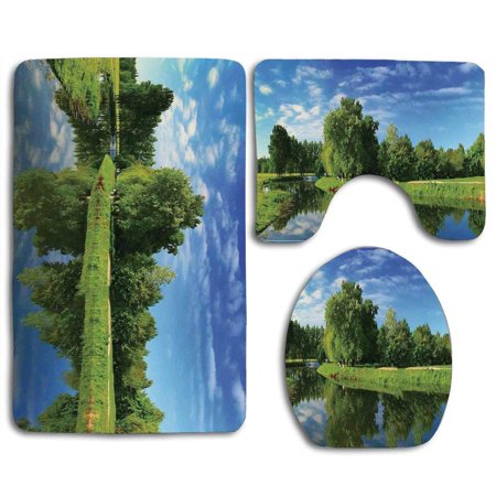 GOHAO Landscape scenic Natural Landscape Lake Trees Grass and Reflection in Water Green Blue 3 Piece Bathroom Rugs Set Bath Rug Contour Mat and Toilet Lid Cover