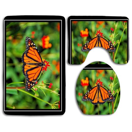GOHAO Leaves Butterflys for 3 Piece Bathroom Rugs Set Bath Rug Contour Mat and Toilet Lid Cover