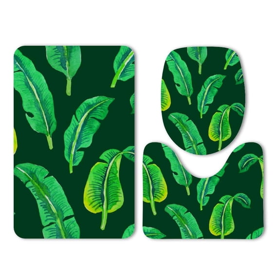 GOHAO Leaves Watercolor Green 3 Piece Bathroom Rugs Set Bath Rug Contour Mat and Toilet Lid Cover
