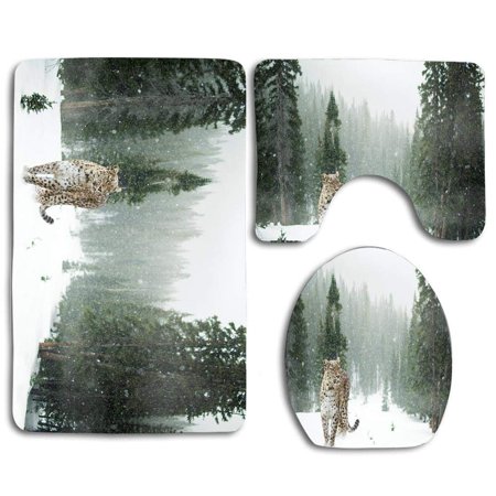 GOHAO Leopard in Snow Winter 3 Piece Bathroom Rugs Set Bath Rug Contour Mat and Toilet Lid Cover