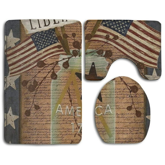 GOHAO Liberty Primitive Patriotic 3 Piece Bathroom Rugs Set Bath Rug Contour Mat and Toilet Lid Cover
