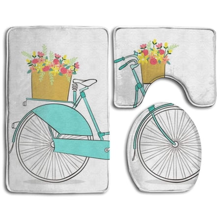 GOHAO Light Cyan Bicycle Vintage 3 Piece Bathroom Rugs Set Bath Rug Contour Mat and Toilet Lid Cover