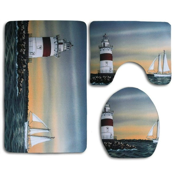 GOHAO Lighthouse and Sailing Boat 3 Piece Bathroom Rugs Set Bath Rug Contour Mat and Toilet Lid Cover