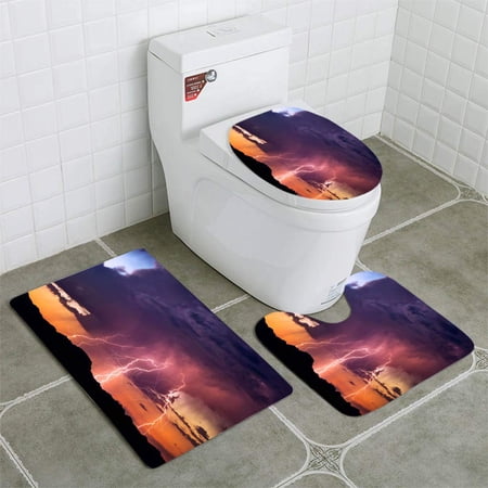 GOHAO Lightning Bolts Strike from a Sunset Storm 3 Piece Bathroom Rugs Set Bath Rug Contour Mat and Toilet Lid Cover