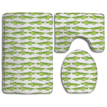 GOHAO Lime Green Mini Alligator 3 Piece Bathroom Rugs Set Bath Rug Contour Mat and Toilet Lid Cover