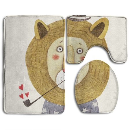 GOHAO Lion Hat Pipe Drawing Children 3 Piece Bathroom Rugs Set Bath Rug Contour Mat and Toilet Lid Cover