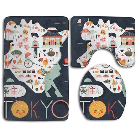 GOHAO Live In Tokyo 3 Piece Bathroom Rugs Set Bath Rug Contour Mat and Toilet Lid Cover