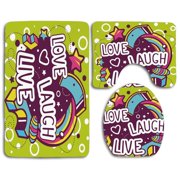 GOHAO Live Laugh Love Cartoon Style Line Art Figures Stars Cubes Circles Hearts Cheerful 3 Piece Bathroom Rugs Set Bath Rug Contour Mat and Toilet Lid Cover