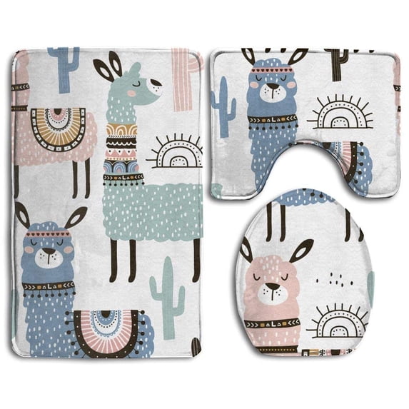 GOHAO Llama Cactus 3 Piece Bathroom Rugs Set Bath Rug Contour Mat and Toilet Lid Cover