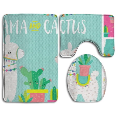 GOHAO Llama and Cactus 3 Piece Bathroom Rugs Set Bath Rug Contour Mat and Toilet Lid Cover